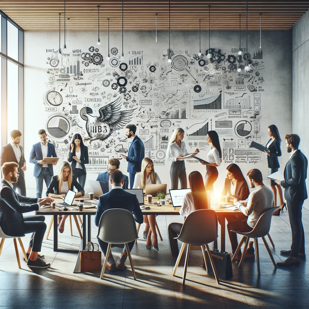 Group of entrepreneurs collaborating in a bright office environment with a focus on business planning